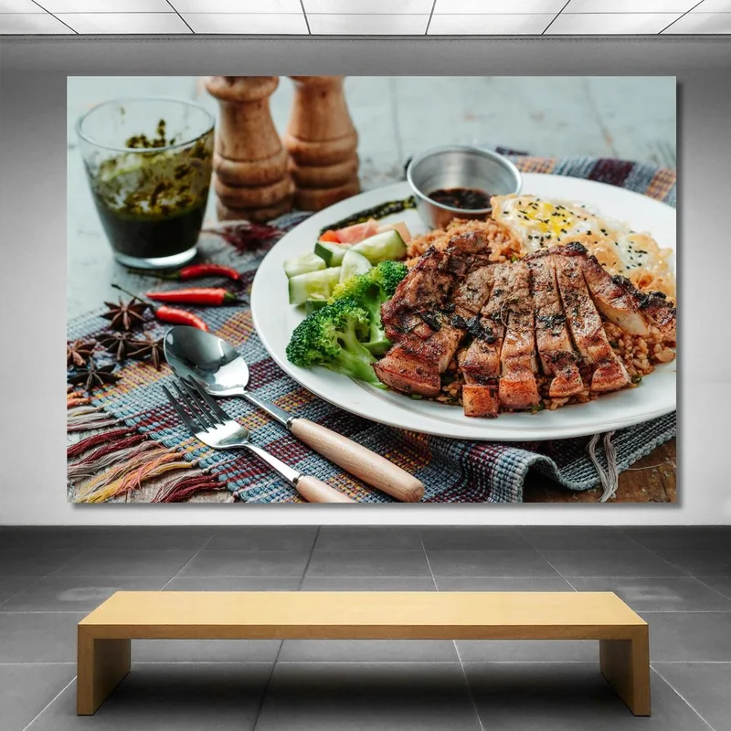Modern Painting Grilled Meat With Rice Vegetables And Fried Egg