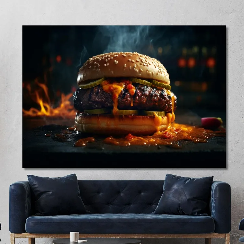 Quadro Moderno Hamburger Affumicato Con Formaggio Fuso E Peperoncino Piccante