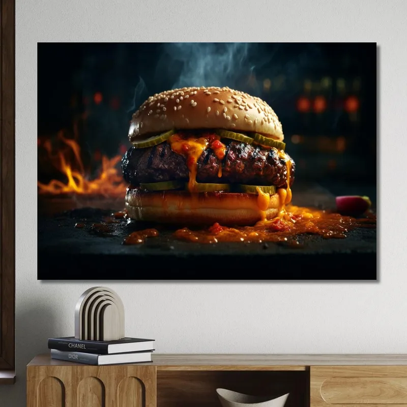 Quadro Moderno Hamburger Affumicato Con Formaggio Fuso E Peperoncino Piccante