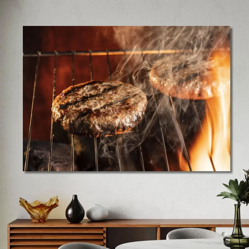 Cuadro Moderno De Hamburguesa De Ternera A La Parrilla Con Humo Y Llamas