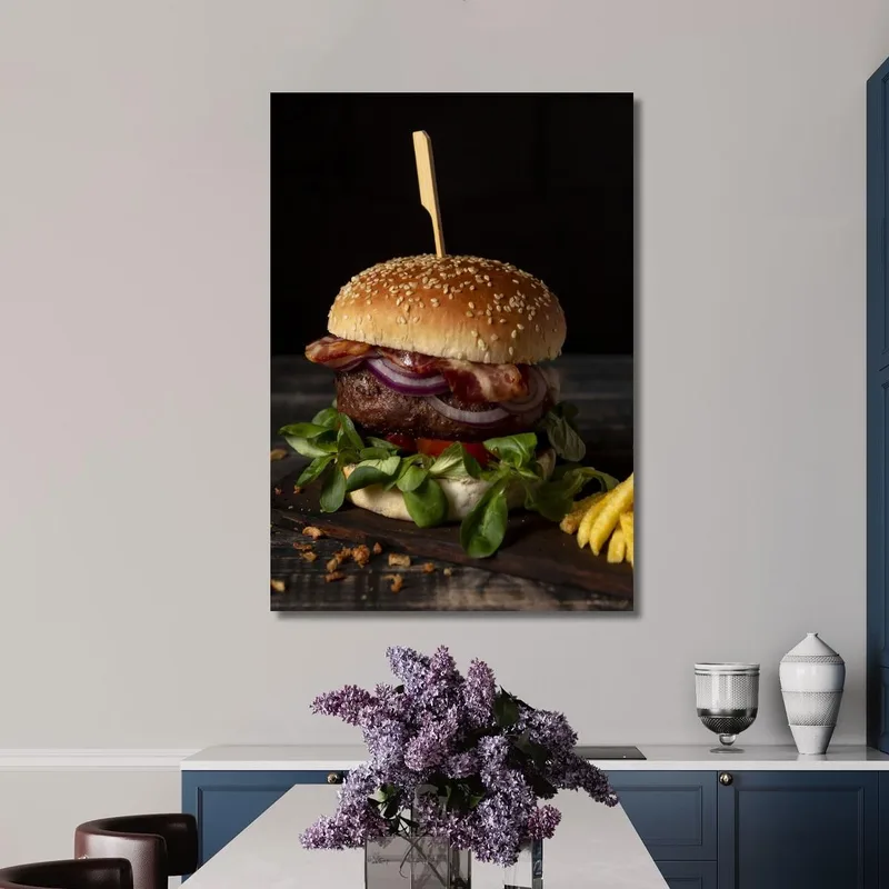 Peinture Moderne Hamburger Gastronomique Avec Bacon Oignon Et Salade Sur Fond Sombre