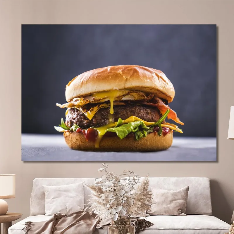 Quadro Moderno Hamburger Gourmet Con Uovo Fritto Bacon Croccante E Formaggio Fuso
