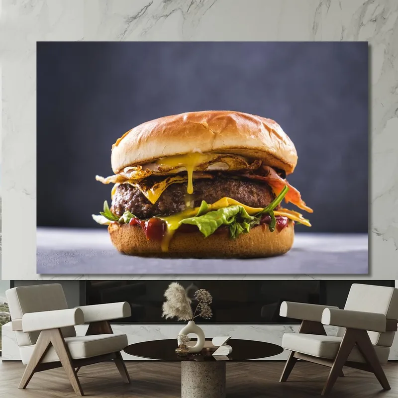 Quadro Moderno Hamburger Gourmet Con Uovo Fritto Bacon Croccante E Formaggio Fuso