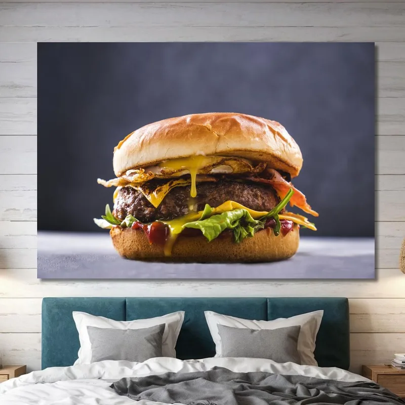 Quadro Moderno Hamburger Gourmet Con Uovo Fritto Bacon Croccante E Formaggio Fuso