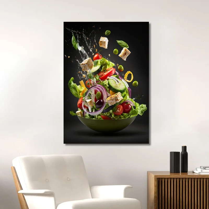 Modern Painting Greek Salad With Flying Ingredients