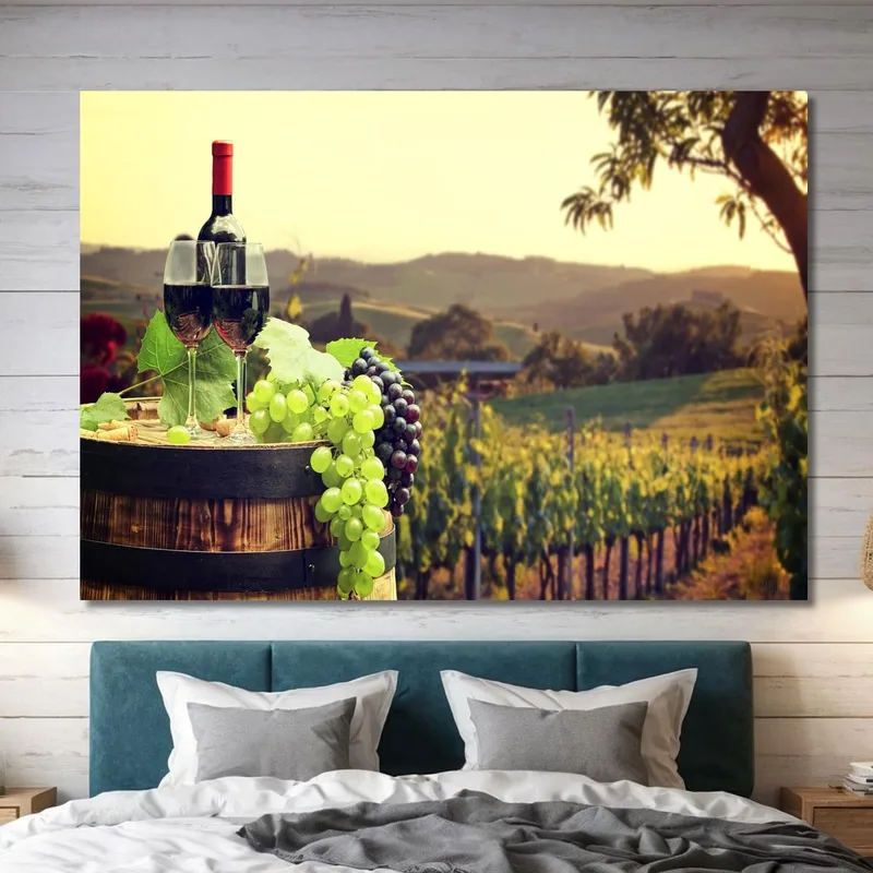Cuadro Moderno Paisaje De Viñedo Con Botella Y Copas De Vino