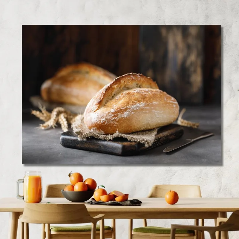 Peinture Moderne Pain Rustique Avec Croûte Croustillante Sur Planche À Découper En Bois