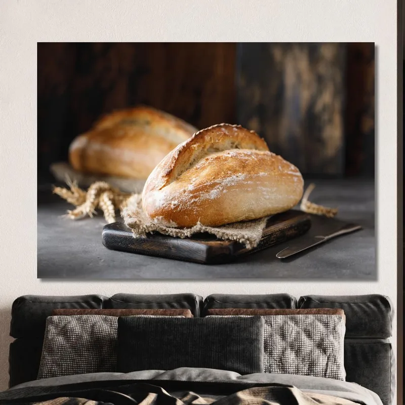 Peinture Moderne Pain Rustique Avec Croûte Croustillante Sur Planche À Découper En Bois