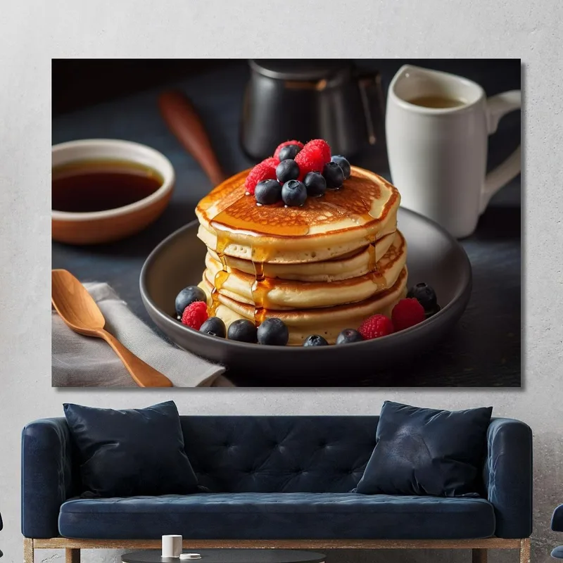 Modern Painting Soft Pancakes With Berries And Maple Syrup