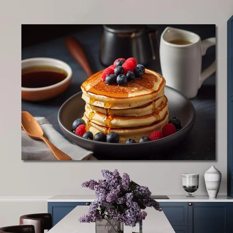 Modern Painting Soft Pancakes With Berries And Maple Syrup