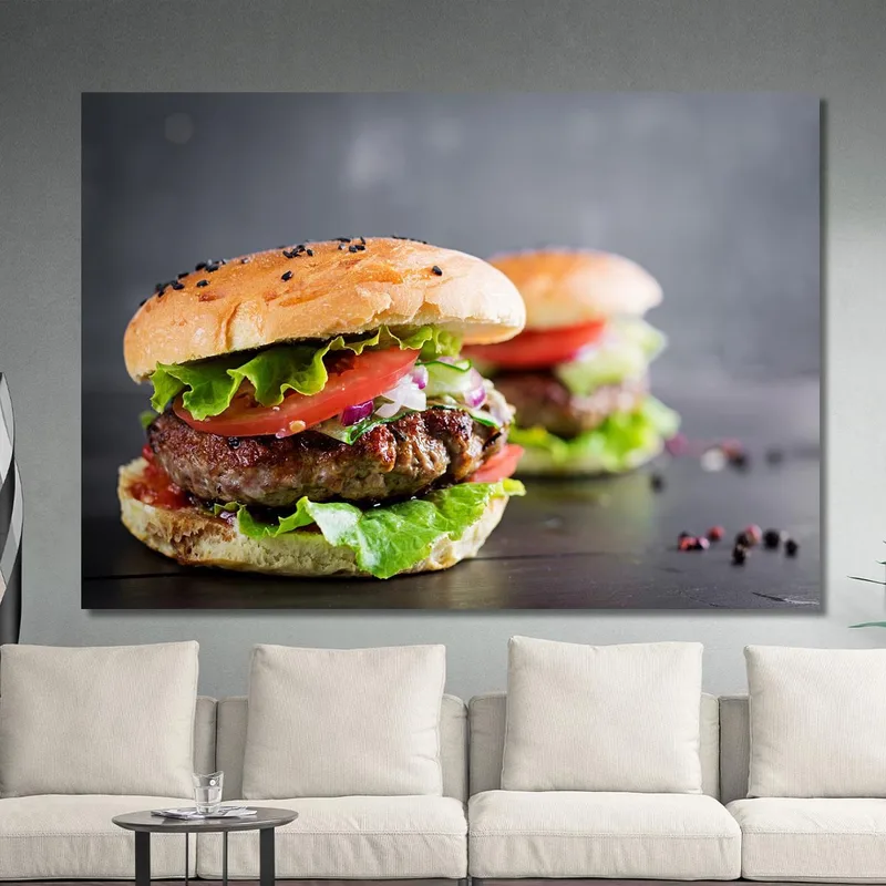 Cuadro Moderno Sándwich Gourmet Con Carne A La Parrilla Y Verduras Frescas