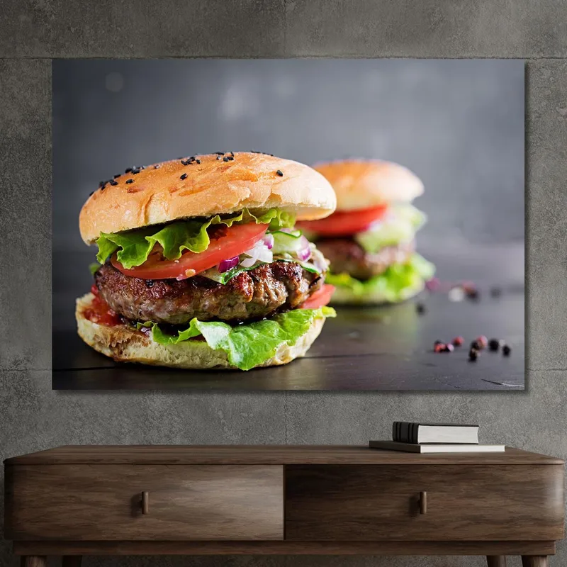 Cuadro Moderno Sándwich Gourmet Con Carne A La Parrilla Y Verduras Frescas