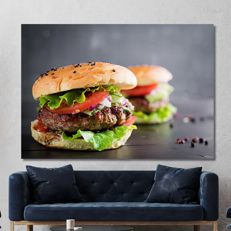 Cuadro Moderno Sándwich Gourmet Con Carne A La Parrilla Y Verduras Frescas