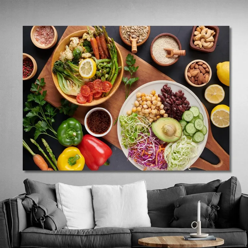 Peinture Moderne Plat Végétarien Avec Légumes Frais Légumineuses Et Fruits Secs