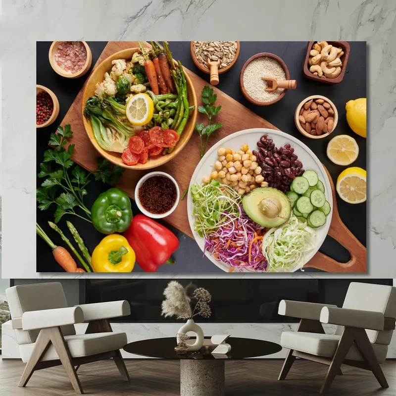 Peinture Moderne Plat Végétarien Avec Légumes Frais Légumineuses Et Fruits Secs