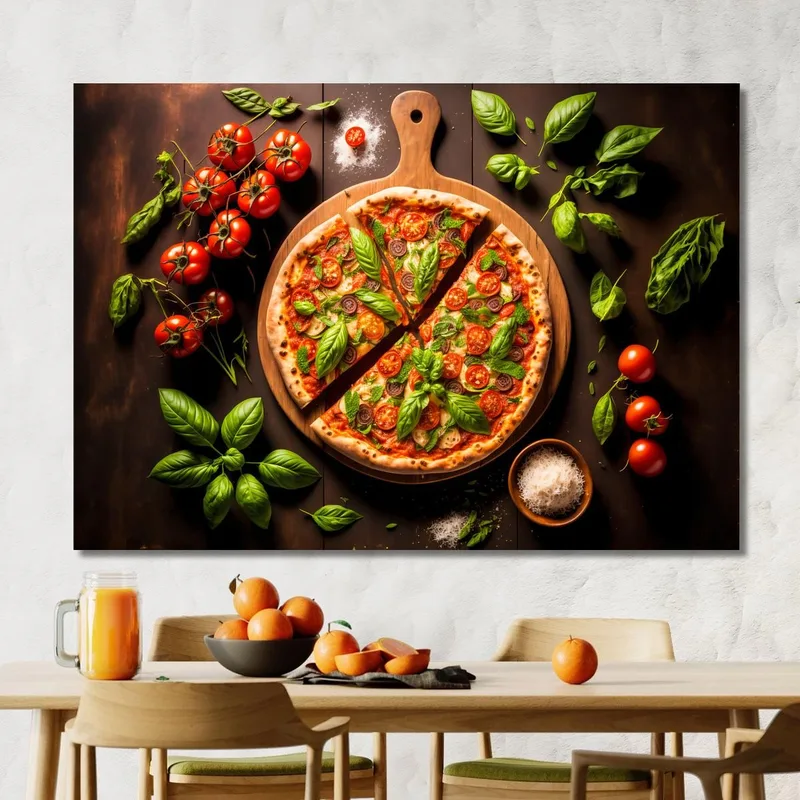 Cuadro Moderno De Pizza Margarita Con Albahaca Fresca Y Tomates Cherry