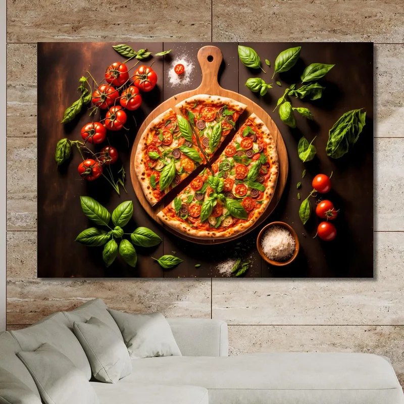 Cuadro Moderno De Pizza Margarita Con Albahaca Fresca Y Tomates Cherry