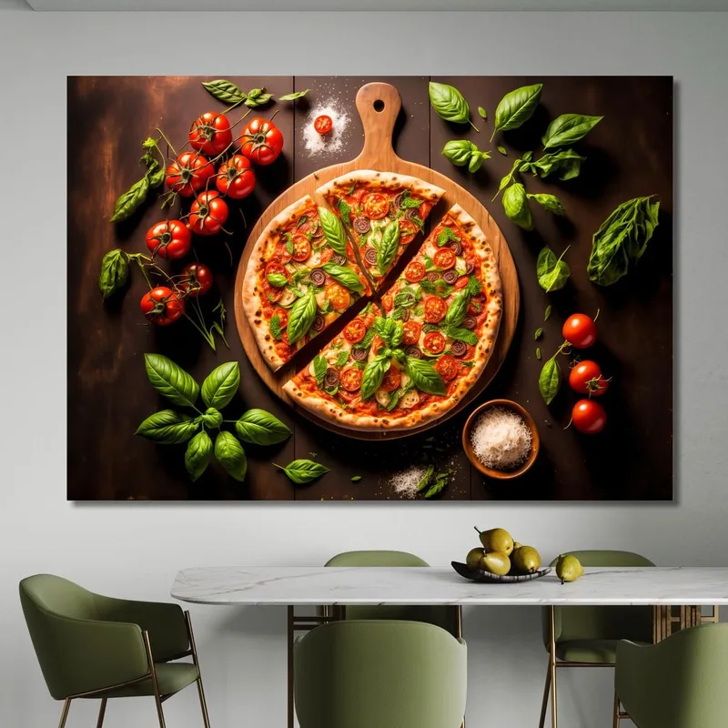 Cuadro Moderno De Pizza Margarita Con Albahaca Fresca Y Tomates Cherry