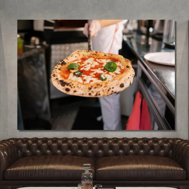 Peinture Moderne Pizza Napolitaine Fraîchement Cuite Au Basilic Frais Et Mozzarella Filandreuse