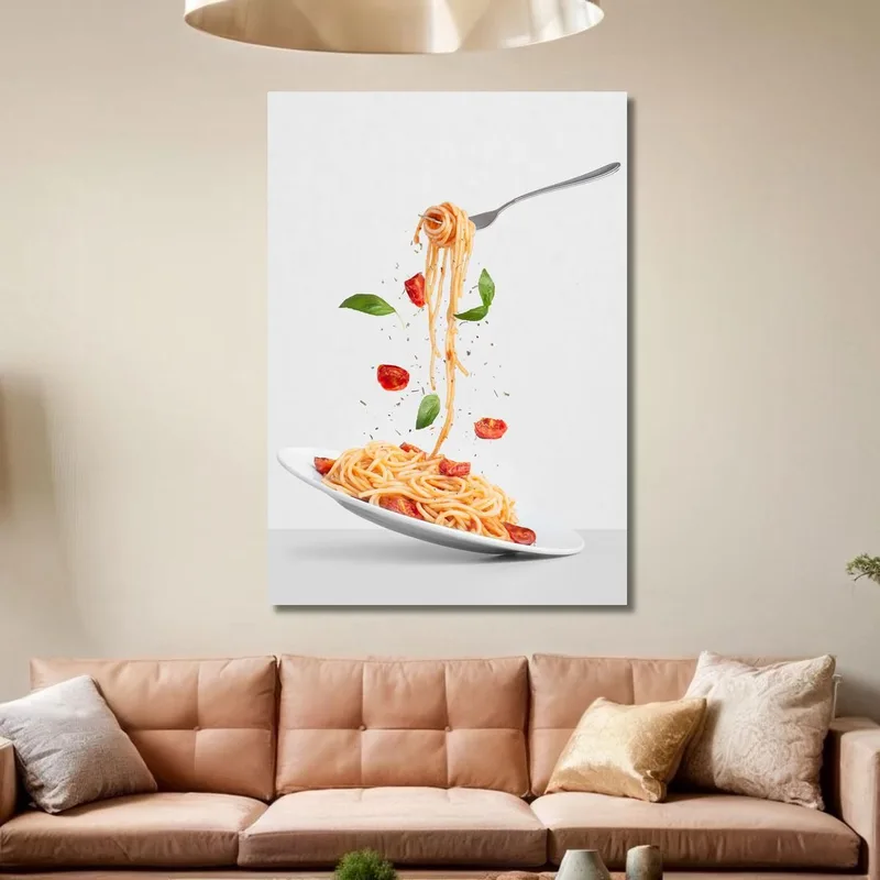 Modern Painting Spaghetti With Tomato And Basil On Minimalist Gray Background