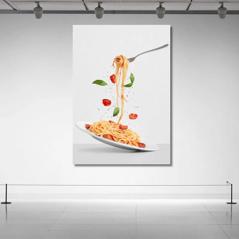 Modern Painting Spaghetti With Tomato And Basil On Minimalist Gray Background