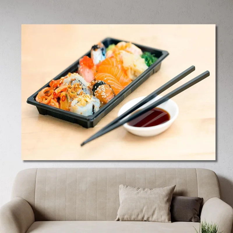 Quadro Moderno Sushi Misto In Bento Box Con Bacchette E Salsa Di Soia
