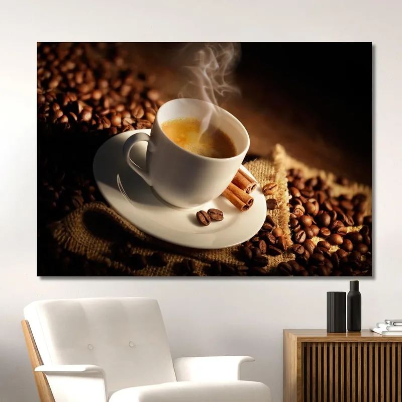 Quadro Moderno Tazza Di Caffè Fumante Con Cannella E Chicchi Di Caffè