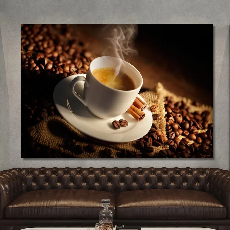Quadro Moderno Tazza Di Caffè Fumante Con Cannella E Chicchi Di Caffè