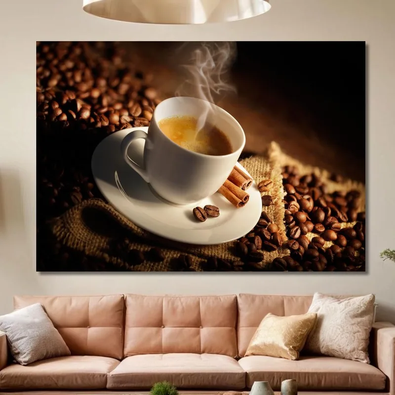 Quadro Moderno Tazza Di Caffè Fumante Con Cannella E Chicchi Di Caffè