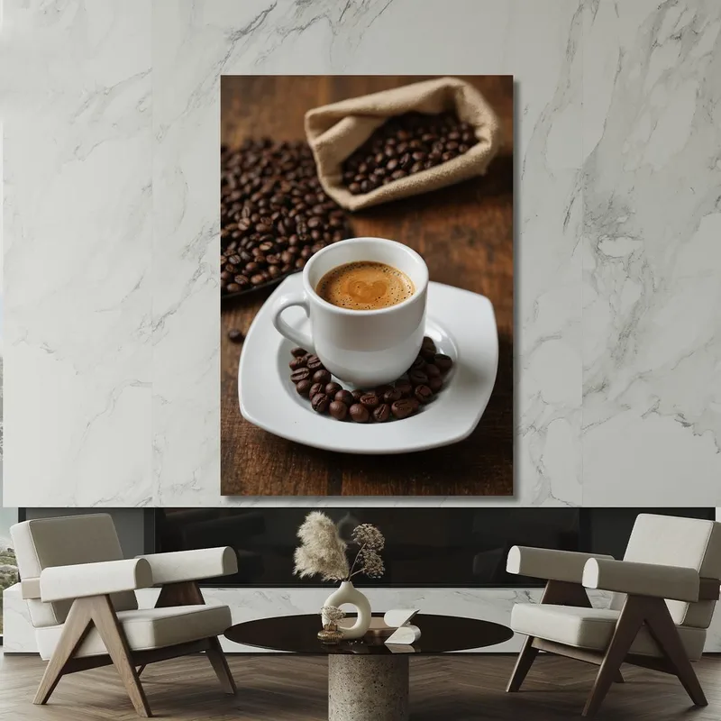 Quadro Moderno Tazza Di Espresso Con Chicchi Di Caffè Su Tavola Di Legno