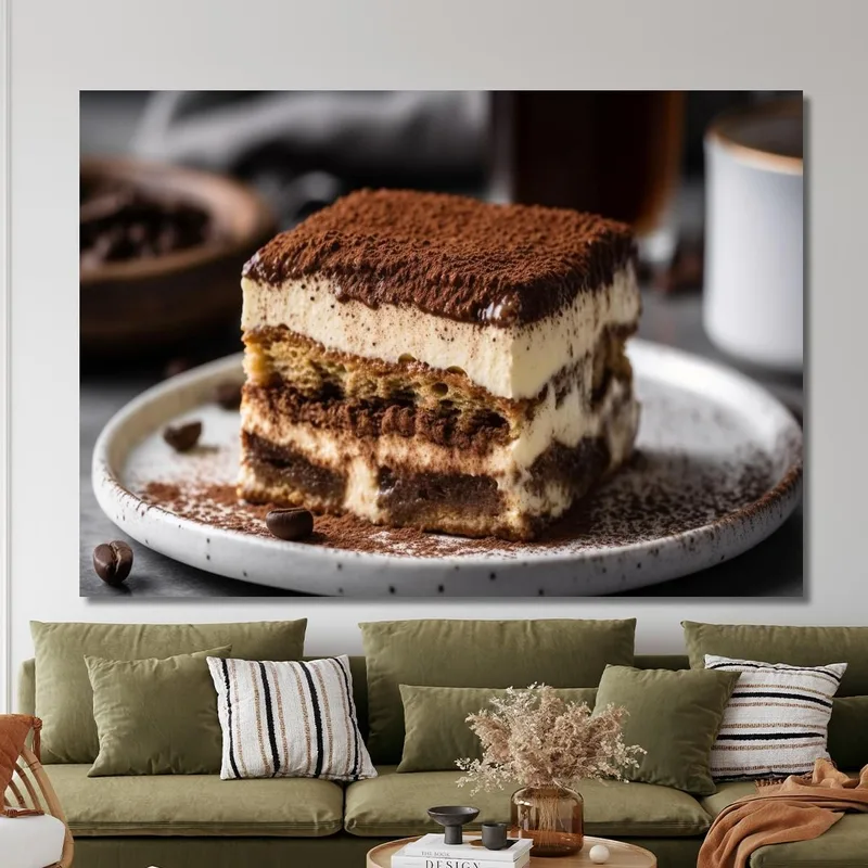 Quadro Moderno Tiramisù Classico Con Caffè E Cacao Servito Su Piatto Rustico