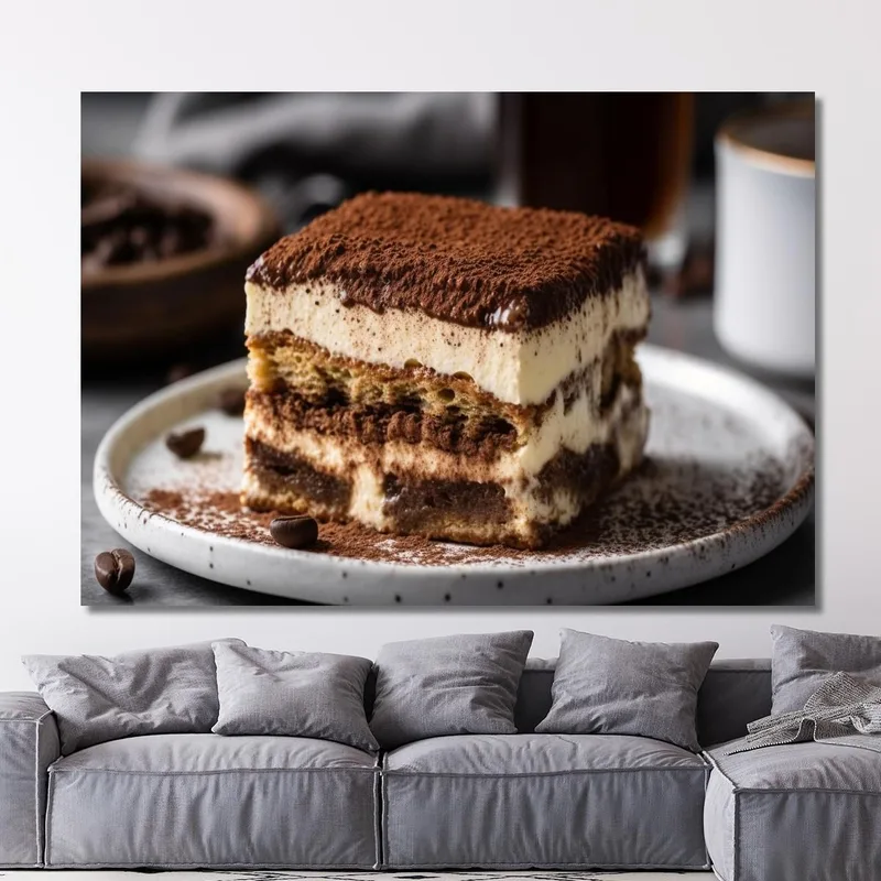 Quadro Moderno Tiramisù Classico Con Caffè E Cacao Servito Su Piatto Rustico