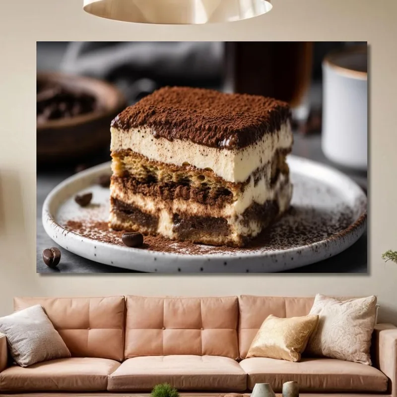 Quadro Moderno Tiramisù Classico Con Caffè E Cacao Servito Su Piatto Rustico