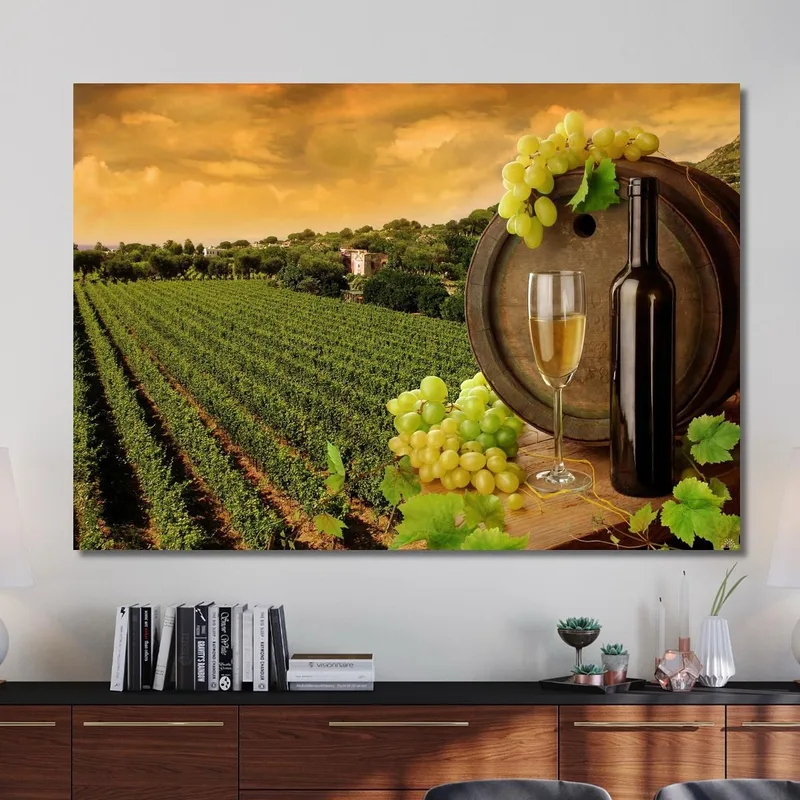 Quadro Moderno Vigneto Al Tramonto Con Botte Di Vino E Uva Bianca