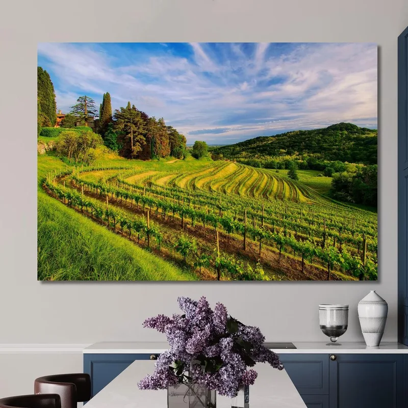Peinture Moderne D'Un Vignoble À Flanc De Colline Au Coucher Du Soleil