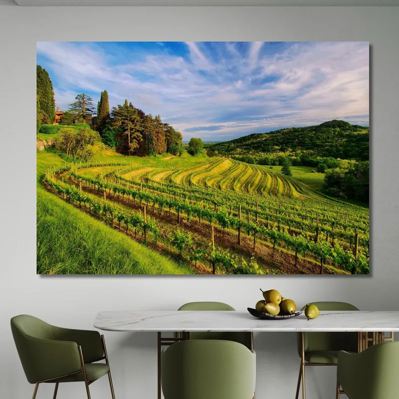 Peinture Moderne D'Un Vignoble À Flanc De Colline Au Coucher Du Soleil