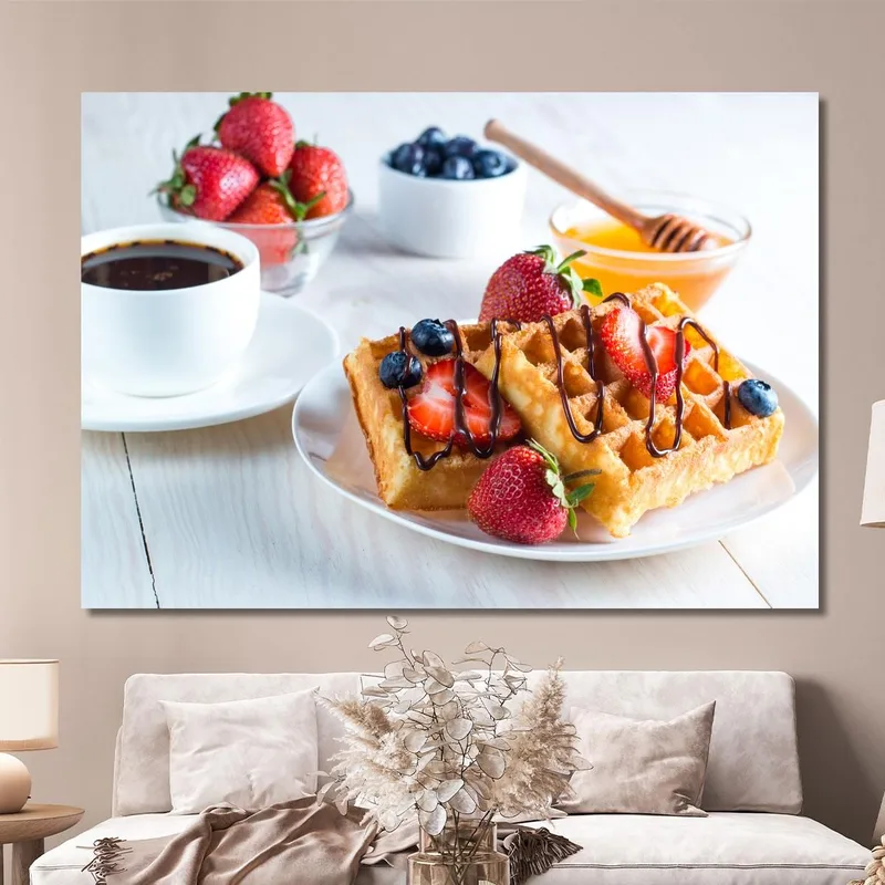 Cuadro Moderno Waffles Dorados Con Fresas Chocolate Y Miel Servidos Con Café