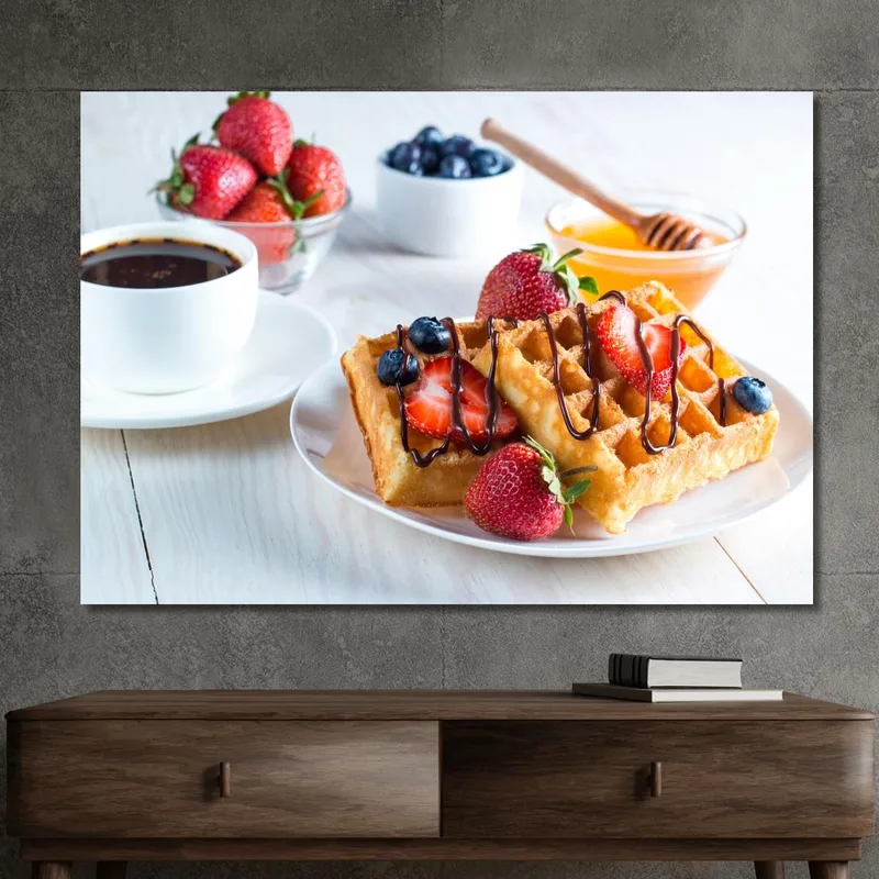 Cuadro Moderno Waffles Dorados Con Fresas Chocolate Y Miel Servidos Con Café