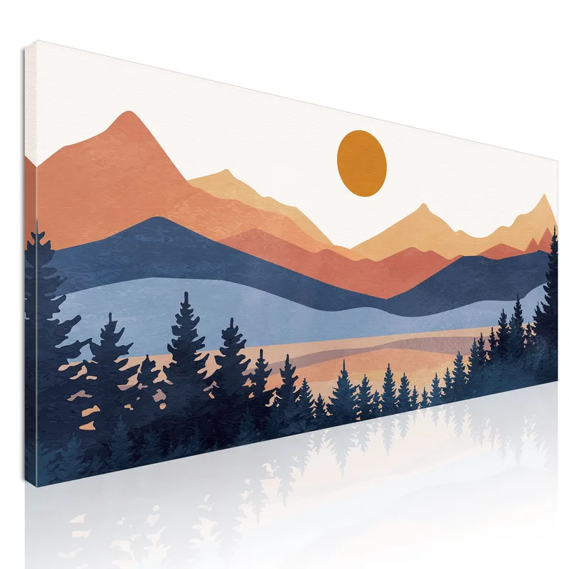 Boho Chic Painting Landscape Illustration Colorful Mountains With Pine Forest And Setting Sun canvas print