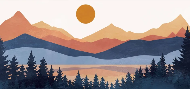 Quadro Boho Chic Illustrazione Paesaggio Montagne Colorate Con Foresta Di Pini E Sole Al Tramonto