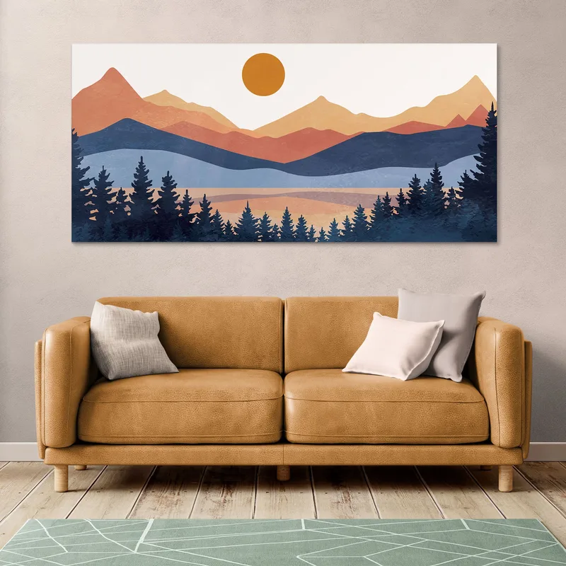 Quadro Boho Chic Illustrazione Paesaggio Montagne Colorate Con Foresta Di Pini E Sole Al Tramonto