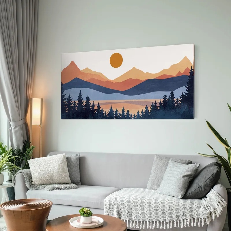 Quadro Boho Chic Illustrazione Paesaggio Montagne Colorate Con Foresta Di Pini E Sole Al Tramonto