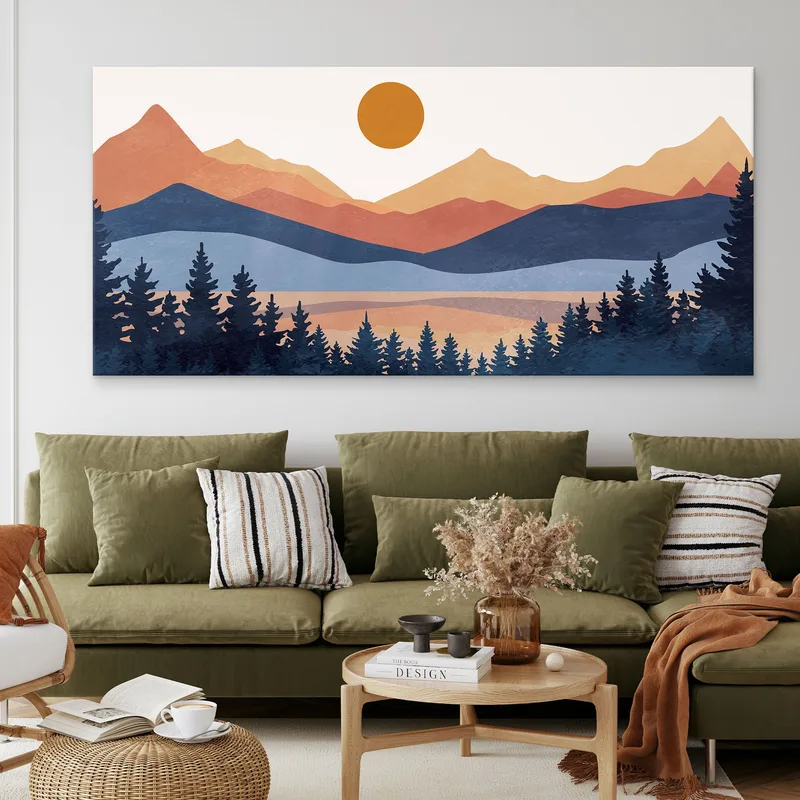 Quadro Boho Chic Illustrazione Paesaggio Montagne Colorate Con Foresta Di Pini E Sole Al Tramonto