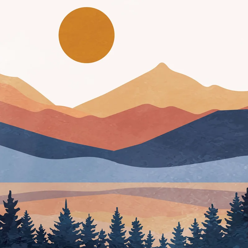 Quadro Boho Chic Illustrazione Paesaggio Montagne Colorate Con Foresta Di Pini E Sole Al Tramonto