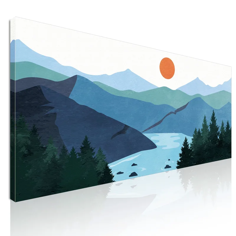 Boho Chic Painting Landscape Illustration Blue Mountains With Lake And Sun At Sunset canvas print