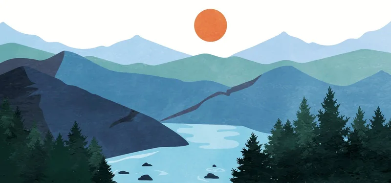 Boho Chic Painting Landscape Illustration Blue Mountains With Lake And Sun At Sunset