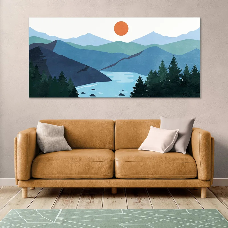Boho Chic Painting Landscape Illustration Blue Mountains With Lake And Sun At Sunset