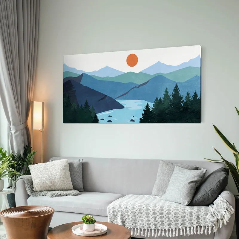 Boho Chic Painting Landscape Illustration Blue Mountains With Lake And Sun At Sunset