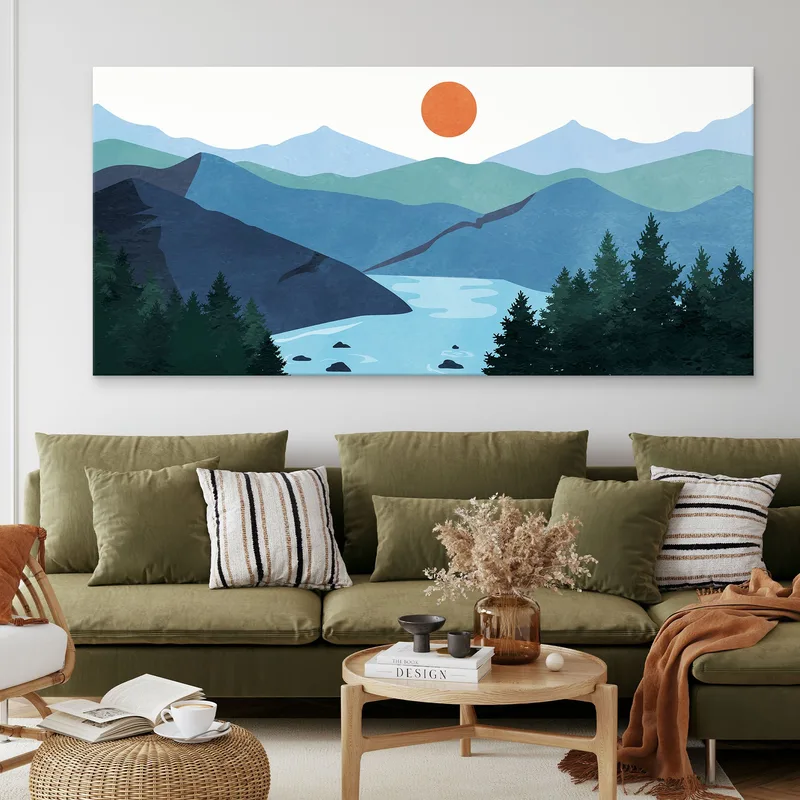 Boho Chic Painting Landscape Illustration Blue Mountains With Lake And Sun At Sunset