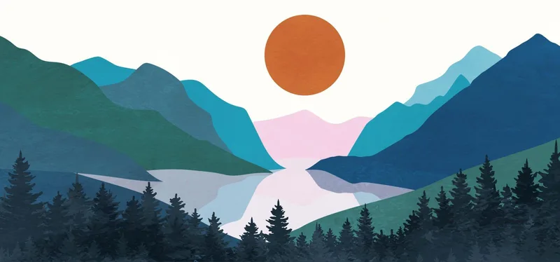 Boho Chic Painting Landscape Illustration Colorful Mountains With Pine Forest And Lake At Sunset